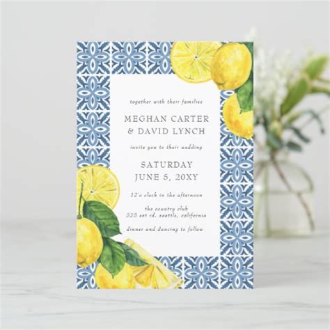 Sicilian Mediterranean Blue Tiles Lemon Wedding Invitation Zazzle