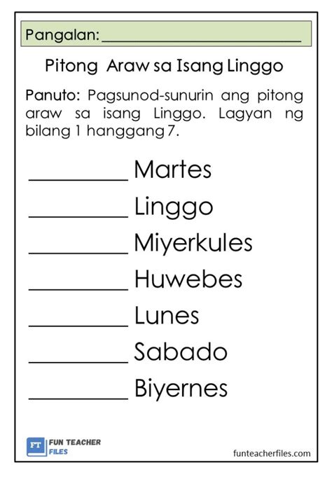 Pitong Araw Sa Isang Linggo Worksheets Fun Teacher Files