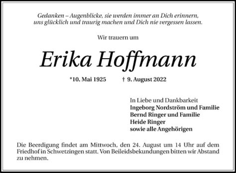 Traueranzeigen Von Erika Hoffmann Trauerportal Ihrer Tageszeitung