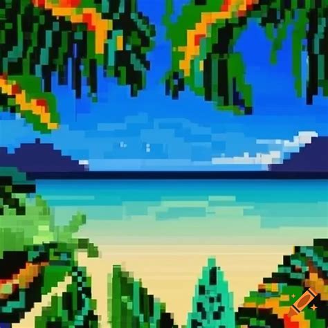 Pixel Art Tropical Paradise With Beaches Jungles And Animals On Craiyon