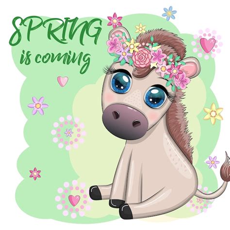 Niedliches cartoon eselpony für postkarte mit blumen der frühling kommt