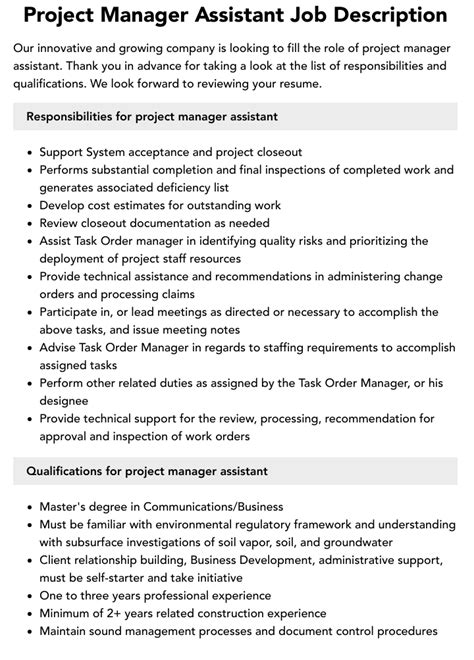 Project Manager Assistant Job Description Velvet Jobs