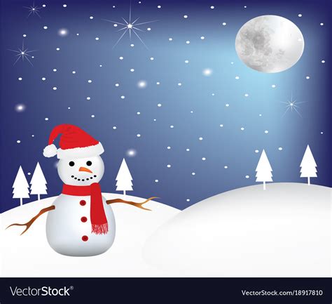 Snowman at night at winter scene Royalty Free Vector Image