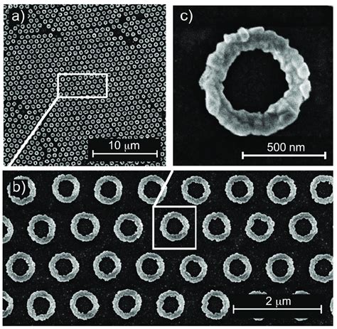 SEM images of Au nanorings created from one µm colloids a Low