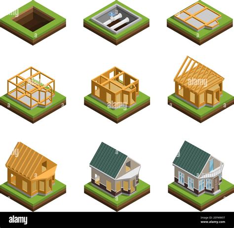 House Construction Phases Isometric Icons Set Isolated Vector