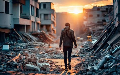 Persona Caminando En Una Ciudad Destruida Foto Premium