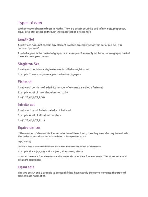 Types of Sets | PDF | Set (Mathematics) | Numbers