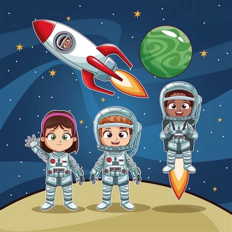 Niños Astronautas En Dibujos Animados De Espacio Vector Premium