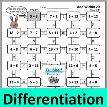 Adding Within 20 Math Mazes Addition Puzzles Worksheets NO PREP TPT