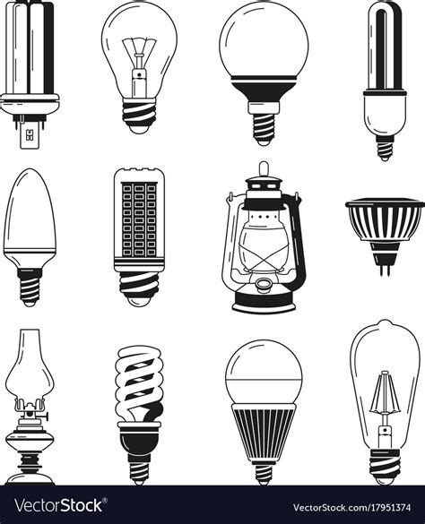 Monochrome Symbols Of Light Different Bulbs Vector Image