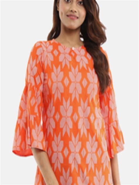 Buy Desi Mix Women Orange Ethnic Motifs Printed Flared Sleeves Thread