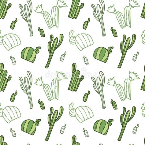 Hand Drawn Green Cacti In Doodle Style Seamless Vector Pattern On A