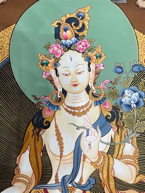 Buddhist Hand Painted Thangka Of White Tara Real Gold Lamas Art