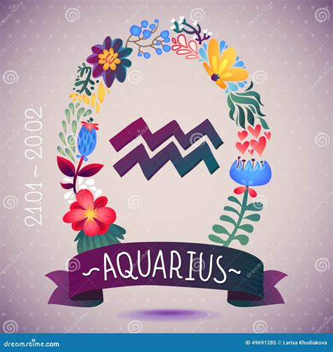 Zodiac Sign Aquarius In A Sweet Floral Wreath Horoscope Sign Flowers Leaves And Ribbon Stock