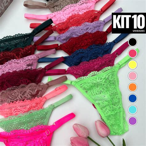 Kit 10 Calcinhas Renda Lingerie Regulagem Luxo Fio Dental Sexy