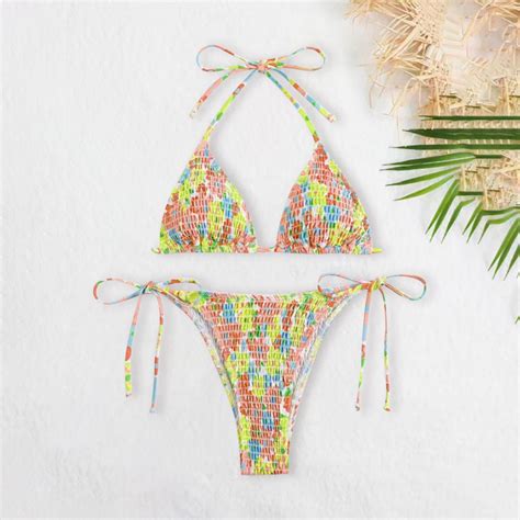 Weiqiqre Tankini Swimsuits Women Triangle Bikini Set String Swimsuit Print Tie Smocked Ruched
