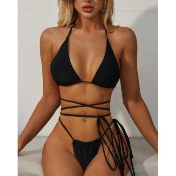 Emmiol Free Shipping 2023 Solid Color Lace Up Triangle Bikini Black S