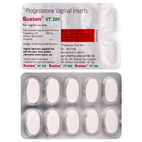 Susten Vt 200 Progesterone Vaginal Inserts Packaging Size 1 10