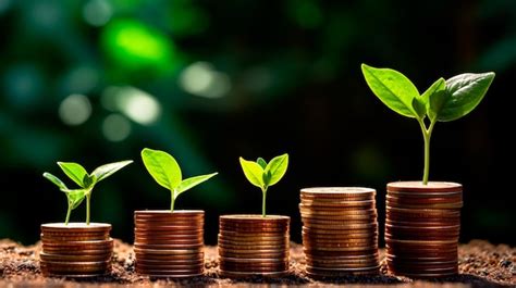 Premium Photo A Row Of Stacks Of Coins With A Plant Growing Out Of