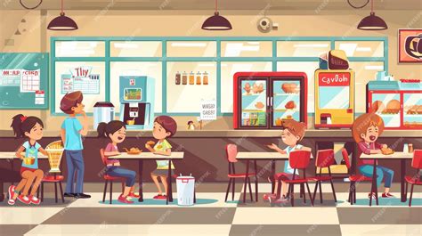 Premium Photo | Pedestrians eat in the school canteen Modern cartoon ...