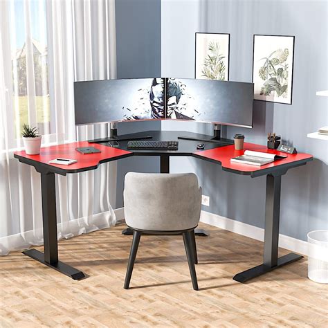 Угловой геймерский стол с электроприводом TRIO TOWER-15/Red-Black-Black