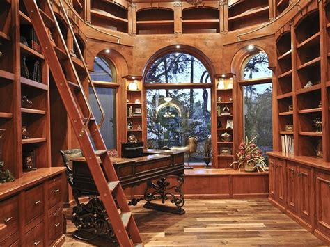 Elegant Office And Home Library Complete With Ladder And Built In