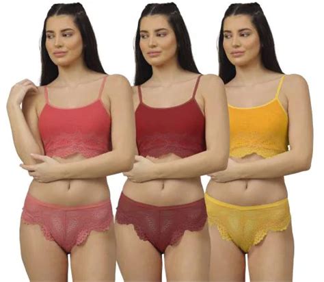 Buy Samvar Women S Pink Maroon Yellow Net Bra Panty Set For Lingerie Set Undergarments Nightwear