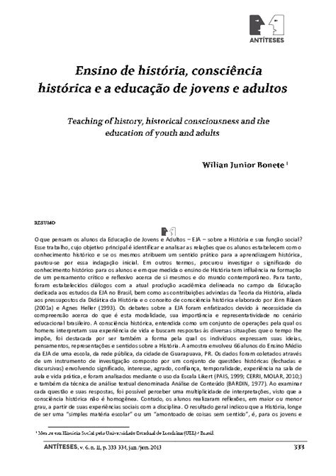 Pdf Ensino De História Consciência Histórica E A Educação De Jovens