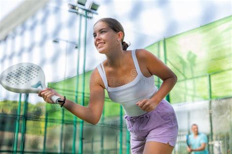 Woman Padel Tennis Player Training on Court Stock Image - Image of ...