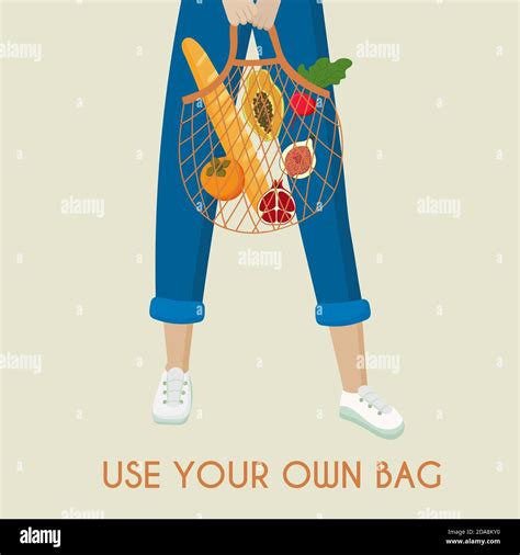 Eco Reusable Bag In Woman Hand Zero Waste Concept Vector Cartoon