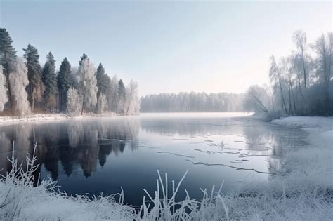 Premium Photo Winter Landscape With Frozen Lake And Snowcovered Trees