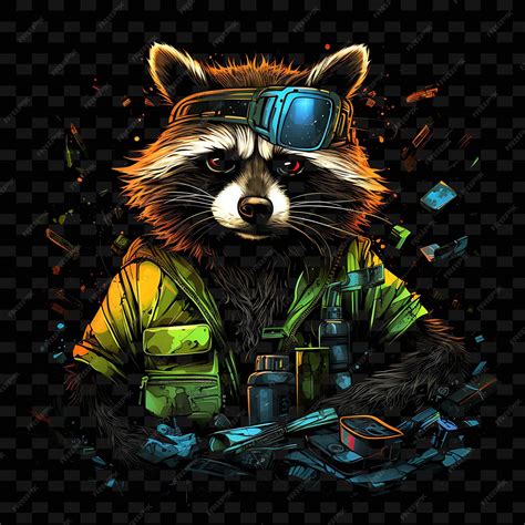 Premium PSD | Raccoon urban explorer squiggly neon lines trash cans