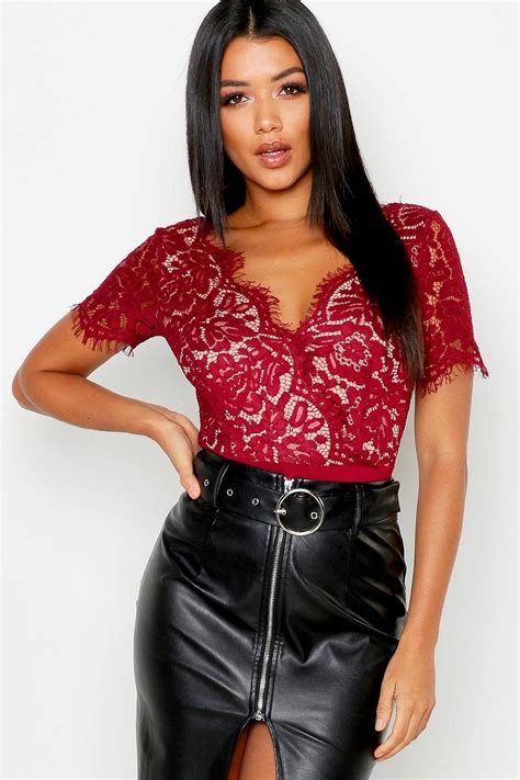 Womens Red Premium Eyelash Lace Bodysuit Boohoo Uk