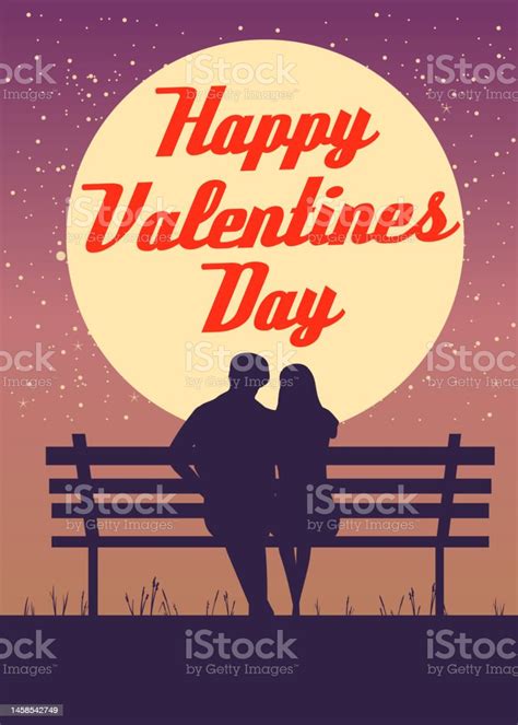 Silhouette Loving Couple On The Bench At Night Happy Valentines Day Poster Stock Illustration