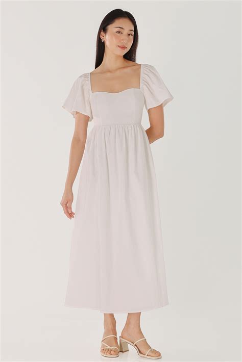 Lucinda Padded Flutter Sleeve Midaxi Dress White Lovet