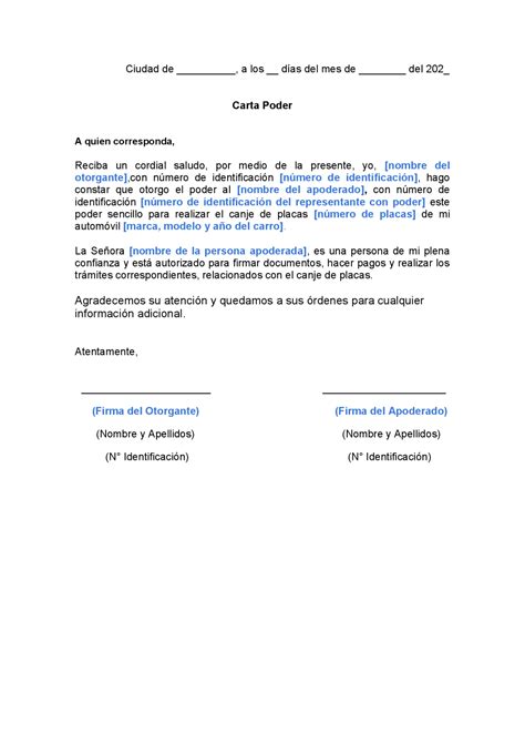 Carta Poder Para Canje De Placas Ejemplos Y Formatos Gratis