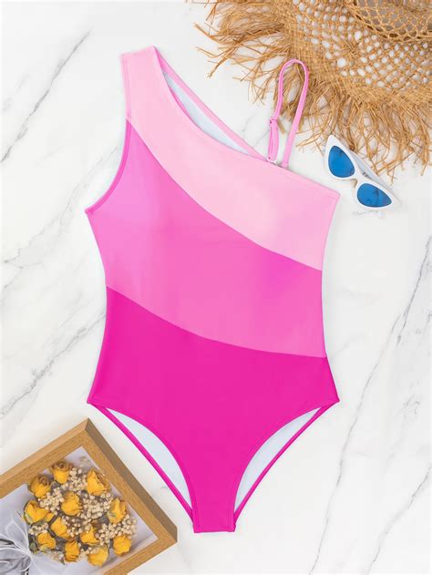 Shein Swim Vcay Ba Ador Una Pieza De Color Combinado De Un Hombro Con