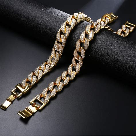 Bling Iced Out Mens Bracelet Full Rhinestone Pave Gold Color Miami