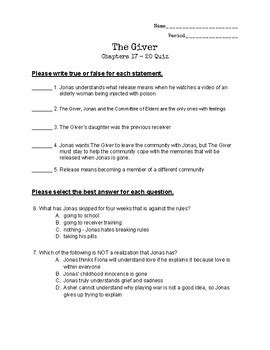 The Giver Comprehension Quiz Chapters 17 20 By Clever Words And