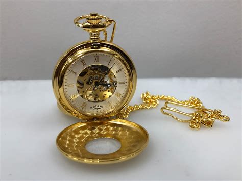 Rotary Stainless Steel Gold Coloured Mechanical Pocket Watch With