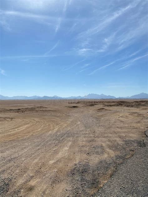 Buggy Tracks Road In The Desert Mountains On The Horizon Light