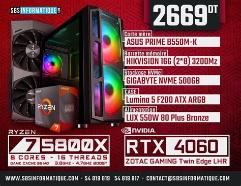 PC Gamer Ryzen 7 5800X RTX 4060 16Go NVMe 500G Tunisie