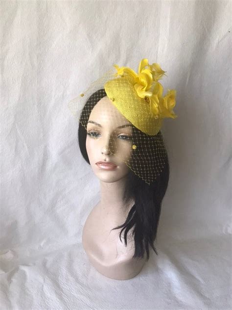 Yellow Fascinator Hat With Dot Veil Wedding Mother Of Bride Etsy