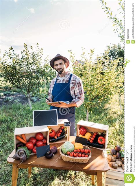 Farmer Selling Vegetables At Market Stock Photo Image Of Blank