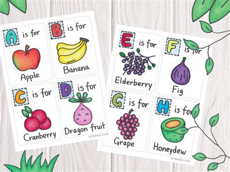 A-Z Fruits Flashcards showing flashcards A-H Fun Drawings, Printable ...