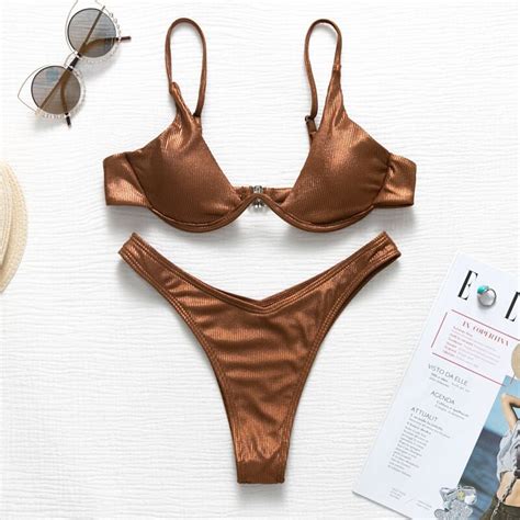 Sexy Shiny Micro Bikini Set Braune Farbe Push Up Bademode Etsy