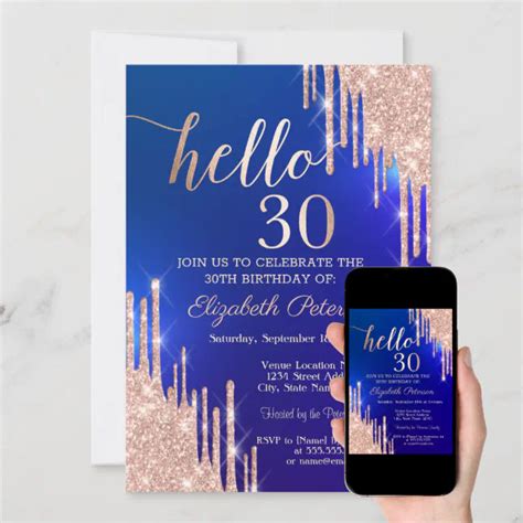 Modern Rose Gold Glitter Drips Blue 30th Birthday Invitation Zazzle