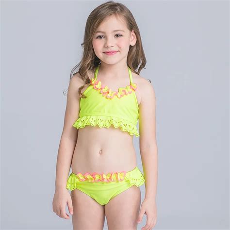 Crian As Das Meninas Swimwear Bonito Amarelo Rendas Biqu Ni Mai Para