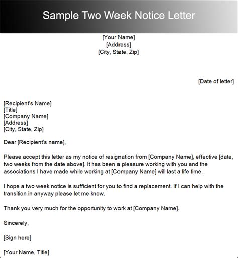 2 Weeks Notice Letter Template Free