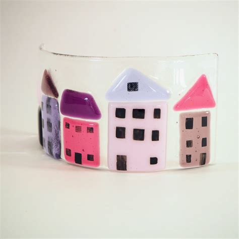 Fused Glass Candle Screen Pink And Purple Houses Fired Creations